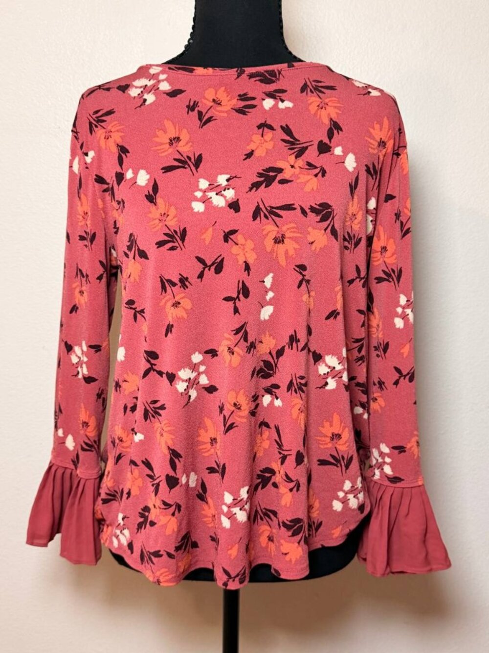 Rust Pink Floral Fall Top Bell Sleeve Boho Feminine Style